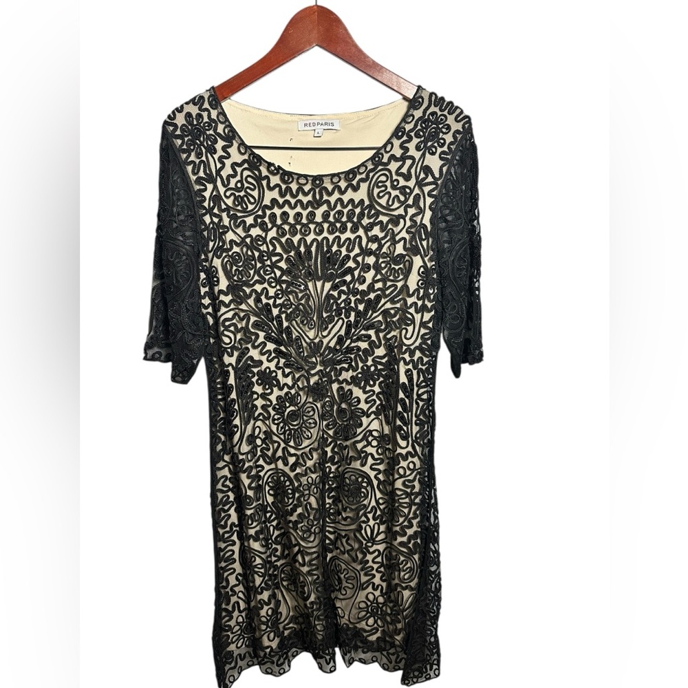 Red Paris Soutache Black and Cream Midi Dress L
